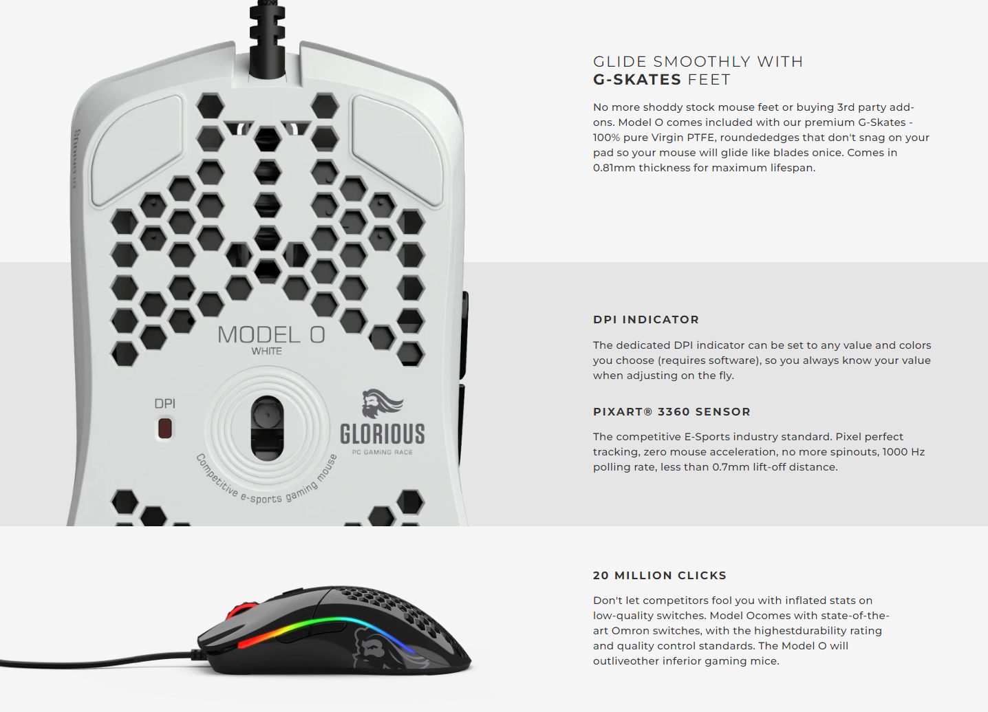 A large marketing image providing additional information about the product Glorious Model O Wired Gaming Mouse - Glossy White - Additional alt info not provided